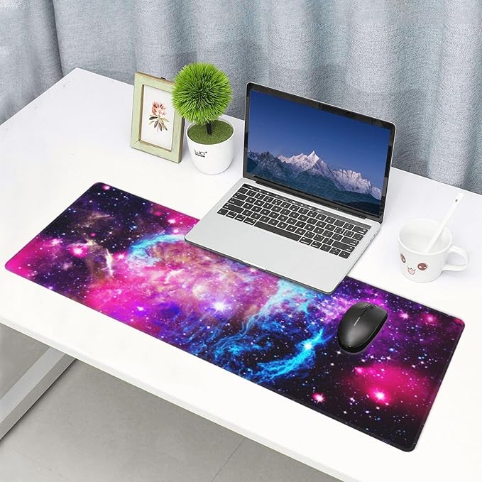 Outer Space Galaxy XL Large Mouse Pad with Stitched Edges Long Non-Slip Rubber Base Mousepad Nebula Astronomy Theme Laptop Keyboard Mat Desk Pad for Office Home Desk Decor, 31.5" X 11.8"