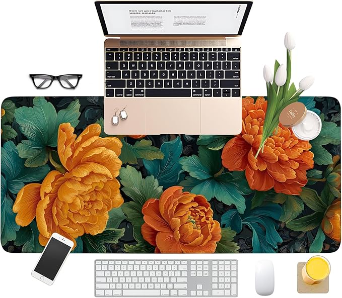 Retro Flower Extended Gaming Mouse Pad 35.4x15.7Inch Large Desk Mat Anti-Slip Rubber Base & Durable Stitched Edges for Gamers Smooth Mouse Writing Surface for Desk Office/Home