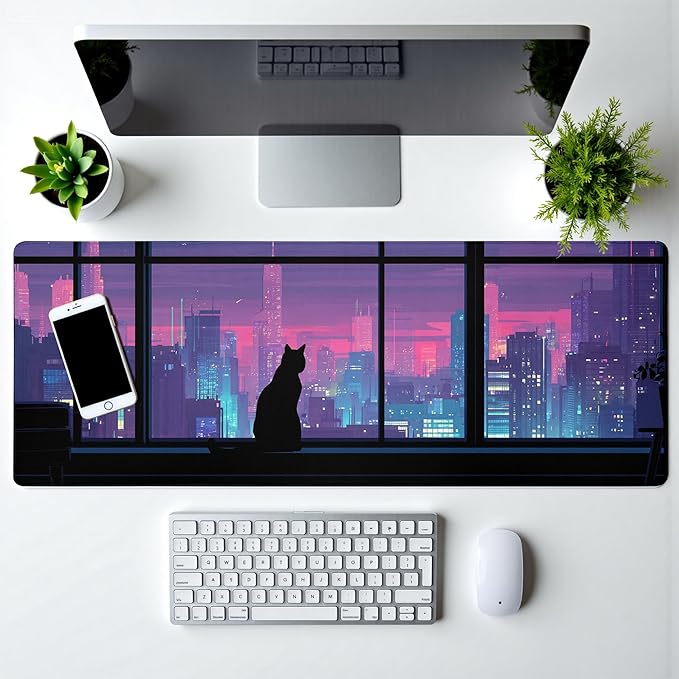 Cat Gaming Mouse Pad Abstract Kawaii Mouse Pad 31.5x11.8 Inch Cute Japanese Anime Desk Mat Non-Slip Rubber Base Large Mousepad Stitched Edges Keyboard Mouse Mat Desk Pad for Office and Home