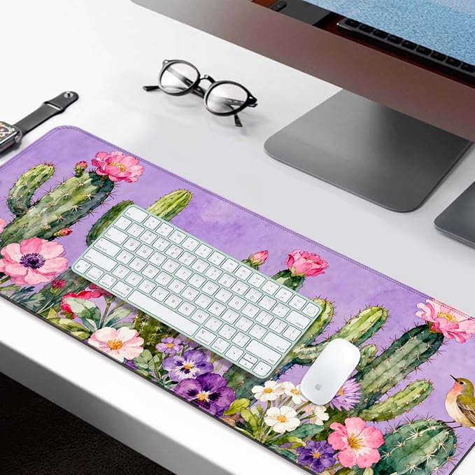 Beautiful Purple Watercolor Cactus XL Large Desk Mat, Extended Long Floral Aesthetics Desk Pad for Gaming and Office, Non-Slip Rubber Base, Comfortable Surface Mouse Pad, 31.5x11.8 in (H08)