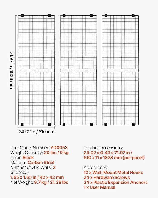 VEVOR 3 Packs Grid Wall Panels, 2 x 6 ft Wire Grid Panels Display Rack, Wall-Mounted Art Display Shelf, Black Carbon Steel Wall Hanging Gridwall for Craft Show, Decoration, Storage, Notice Board