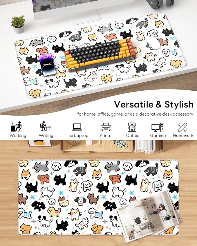 XL Gaming Mouse Pad, 31.5x17.5'' Large Desk Mat with Anti-Slip Rubber Base & Stitched Edges for Gaming, Office, Home - Cute Animals