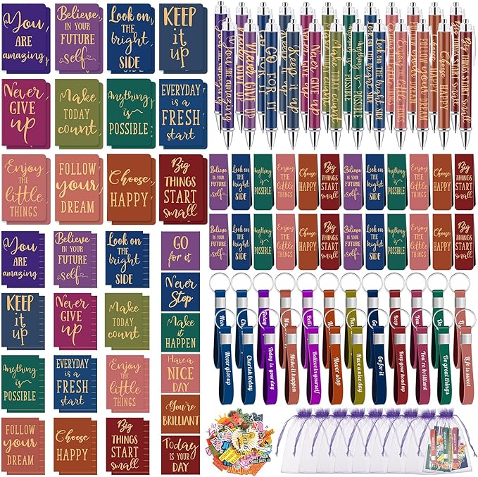 Pasimy 218 Pcs Inspirational Stationery Gifts Motivational Mini Notepad Pen Quote Bookmarks Stress Relief Stickers Inspiring Silicone Keychains for Home Office Appreciation Gift(Bright)