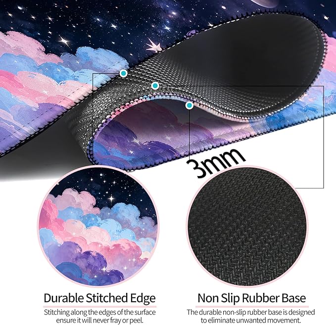 Dreamy and Pretty Pastel Clouds XL Large Desk Mat, Extended Long Desk Pad for Gaming and Office, Non-Slip Rubber Base, Comfortable Surface Mouse Pad, 31.5x11.8 in (H09)