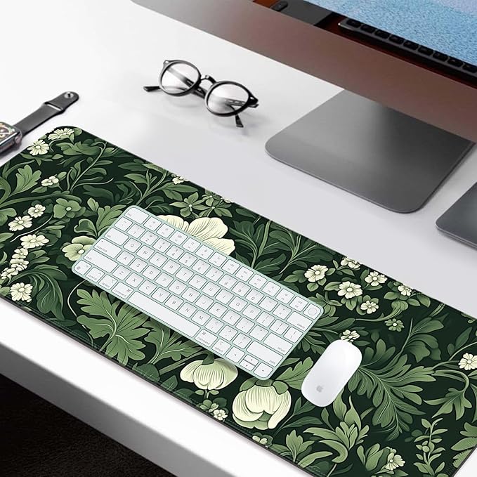 Green Plant Wildflower Gaming Desk Mat, Computer Keyboard Large Extended Long Floral Mouse Pad for Office and Home, XL (W26)