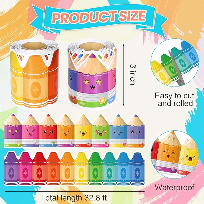 2 Rolls Pencil Crayon Border, 65.6 Ft Colorful Die-Cut Borders Crayon Pencil Classroom Bulletin Board Border Trim for Home Office Back to School Bulletin Boards Chalkboard Wall Decor