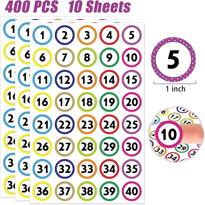 400 Number Stickers 1-40, 10 Sheets of Polka Dot Waterproof/Oil-Resistant/Tear-Resistant Removable Numbered Labels, Suitable for Storage Boxes, Cabinets, Bookshelves, Desks, Chairs, etc. (1 Inch)