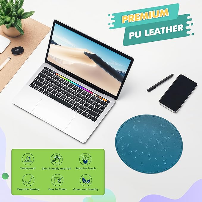 PU Leather Mouse Pad With Stitched Edge Micro-Fiber Base - Non-Slip Waterproof for Computers, Laptop - Round 9 x 9 Inch (Sapphire Blue)