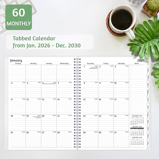 Monthly Planner 2026-2030, 5-Year Calendar Planner 2026-2030, Jan 2026 – Dec 2030, 8.5 x 11 In, Ruled Spread, Flexible Cover, Spiral Wirebound, Pocket, 60 Coated Monthly Tabs, Notes ＆ Habit Tracker, A4 Planner