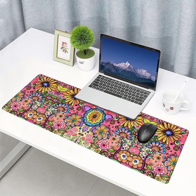 Hippie Flowers Large Mouse Pad with Stitched Edges Long Non-Slip Rubber Base Mousepad Laptop Keyboard Mat Desk Pad for Office Home Desk Decor, 31.5" X 11.8"