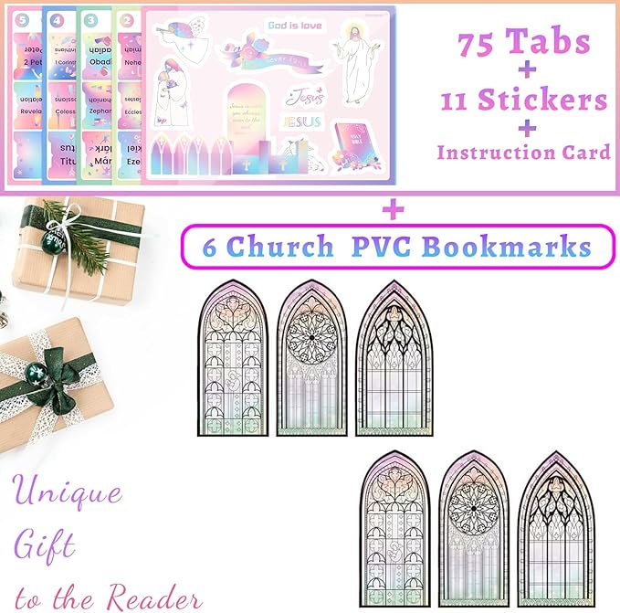 Bible Tabs with Unique Stickers, Laminated Bible Tabs for Women & Men, Christian Gifts, Large Print Bible Tabs for Easy Navigation, Bible Book Index Tabs Labels, Bible Study Supplies, Rainbow4 SQ3