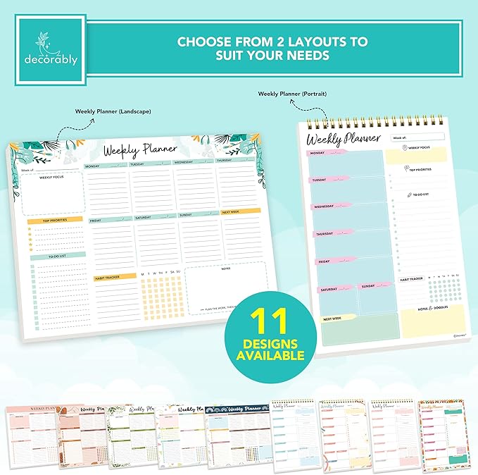 Decorably 52 Sheets Mint Green Undated Weekly Planner Notepad - 6.5x10in Spring-Bound Pad, for Focus, Priorities, to-Do List, Habit Tracker, Agenda, Notes - Home, School, Office