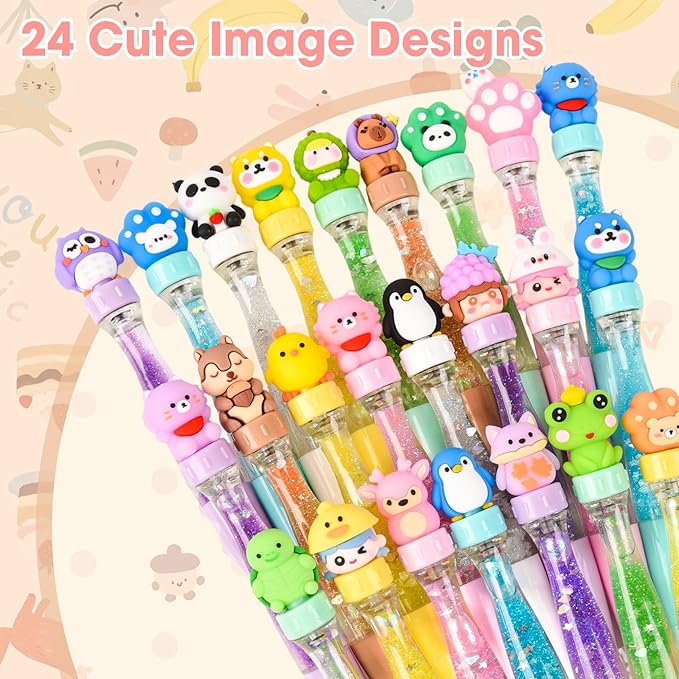 LiYiQ 24 PCS Fidget Spinner Pens Cute Fun Pens Kawaii Panda, Capybara, Penguin, Frog and Puppy Shape Cool Ballpoint Pens for Office Home Present