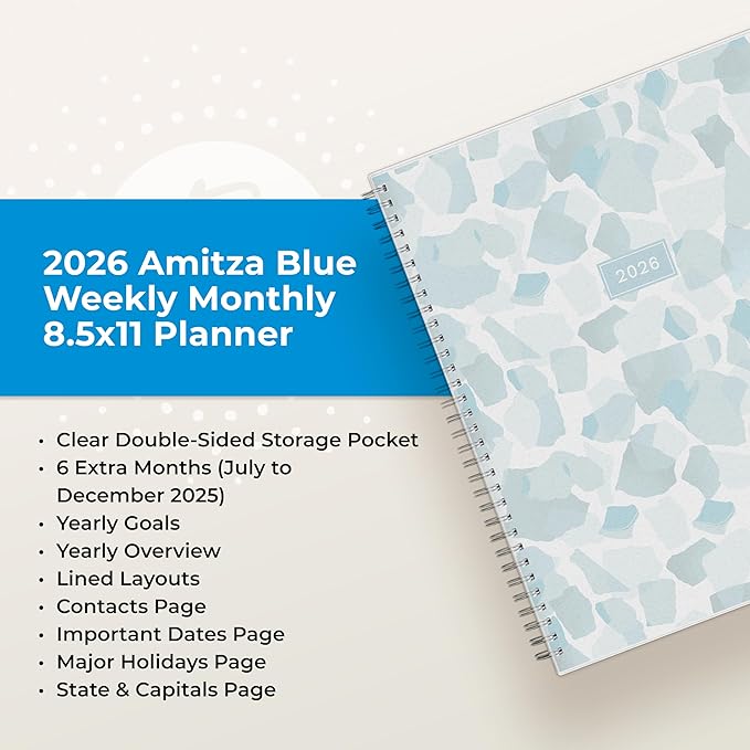 Blue Sky 2026 Weekly and Monthly Planner Calendar, January 2026 - December 2026, 8.5" x 11", Flexible Frosted Cover, Laminated Tabs, Durable Twin Wire Binding, Storage Pocket, Amitza