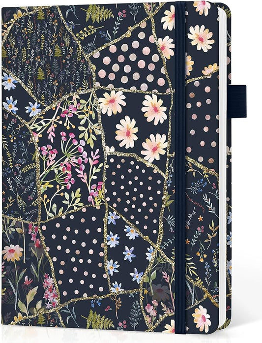 Dotted Journal Notebook for Women & Men, Hardcover Leather Journal for Writing, A5 Dotted Journaling Notebook for Work & Sketching, Perfect for Office School Home Supplies, 160 Pages, Patchwork Floral