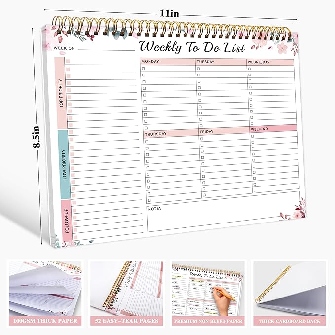 Kamoy Weekly To Do List Notepad with 52 Undated Sheets（8.5"×11"）- Undated Weekly Desk Planner Organizer for Work Home School Office Supplies