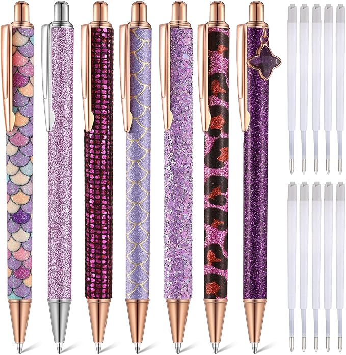 Sherr 7 Pcs Fancy Pens for Women Cute Sparkly Glitter Pens with 10 Pcs Black Ink Refills Pretty Gifts for Girls Office School Christmas Graduation(Stylish)