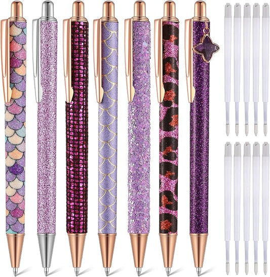 Sherr 7 Pcs Fancy Pens for Women Cute Sparkly Glitter Pens with 10 Pcs Black Ink Refills Pretty Gifts for Girls Office School Christmas Graduation(Stylish)