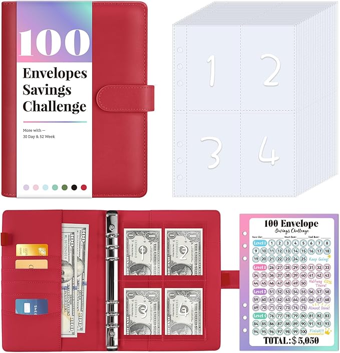 Sooez 100 Envelope Savings Challenge Book with 100 Pocket Pre-Numbered & Reusable Laminated Tracker
