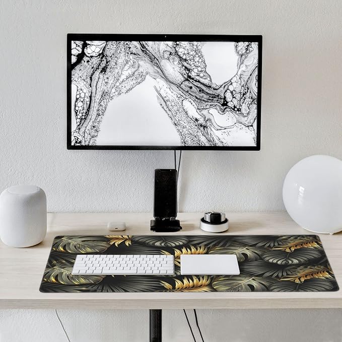 Gaming Mouse Pad,Large Mouse Pads for Desk,Non-Slip Rubber Base Extended Mousepad,XXL Keyboard Mouse Mat,Stitched Edges Computer Keyboard Desk Pad,35.4x15.8inch,Black Gold Tropical Leaves
