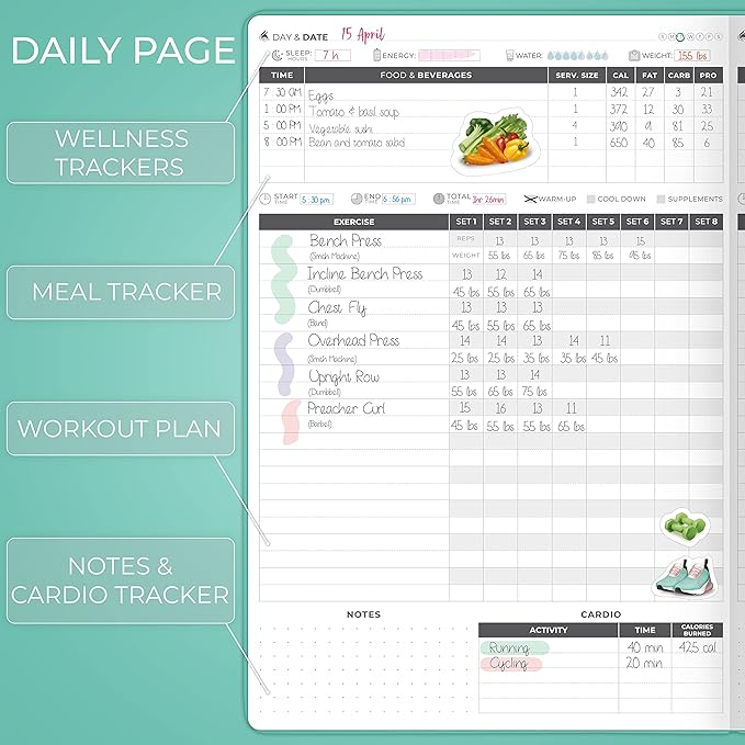 Clever Fox Fitness Journal PRO – Daily Workout Planner with Meal Planner & Habit Tracker – Gym Exercise Log Book for Women & Men – Fitness Planner Notebook – Lasts 6 Months, 7x10” - Turquoise