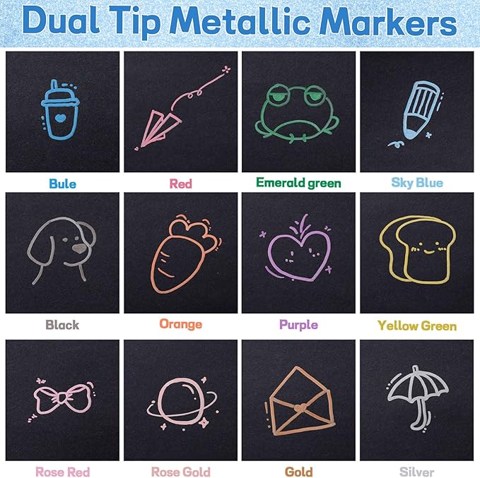 Prudiut 12 Pack Metallic Markers, Dual Tip Metallic Paint Pens, Water Based Acrylic Markers for Black Paper & Rock Painting, Scrapbooking Supplies, Marker Set for Glass, Wood