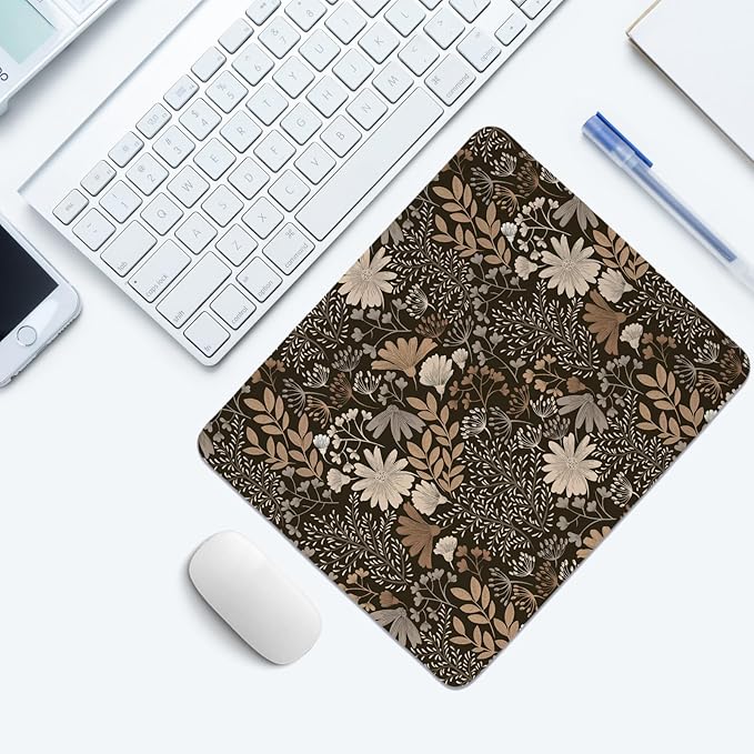 Brown Fall Floral Mouse Pad,Vintage Fall Desk Mat,Girly Black Boho Floral Mouse Pad for Dorm Home Office Desktop Decor,11.8x9.8Inch