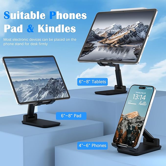 Cell Phone Stand, Adjustable Angle and Height Cell Phone Holder for Desk, Foldable and Portable, Anti-Slip Silicone Pad, Compatible with All Mobile Phones and 4-8 Inch Devices (Black&White)