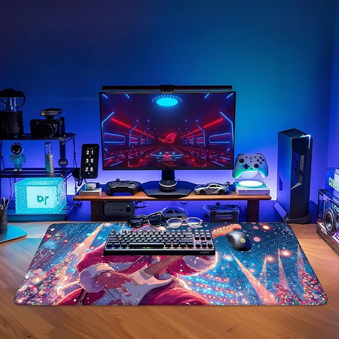 Santa Claus Guitar Extended Gaming Mouse Pad 35.4 x 15.7 Inch – Festive Desk Mat for Gaming, Holiday Work, and Home Office, with Non-Slip Rubber Base and Stitched Edges
