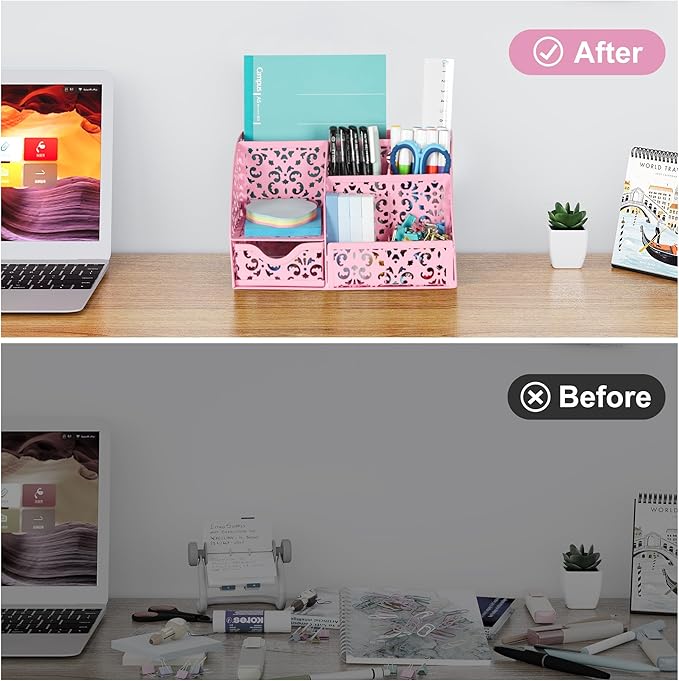 EasyPAG Pen Holder Desk Organizer with Drawer Pencil Cup for Desk 6 Compartments Metal Office Caddy Storage with Sticky Notes Holder for School Home Office, Pink