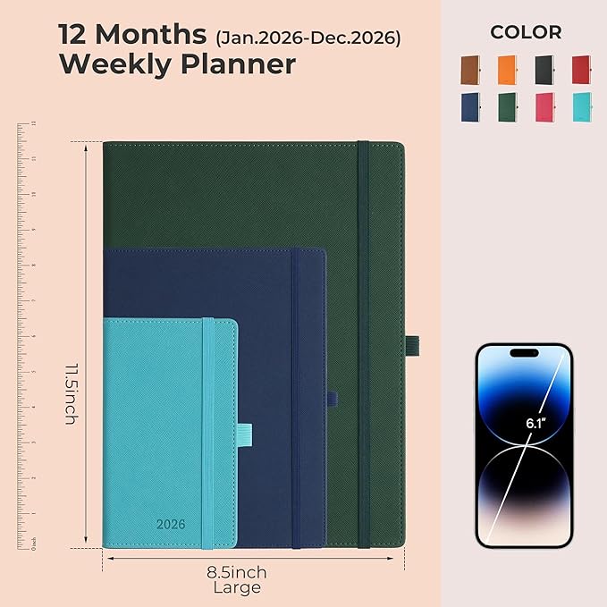IN-LUXPRO Weekly Monthly 2026 Planner (Jan.26-Dec.26),11.5"x8.5",12 Months Agenda Plan with Month Tabs & Pocket,Expenses/Note Pages, Appointment Book Calendar with Hardcover Vegan Leather Cover,Green