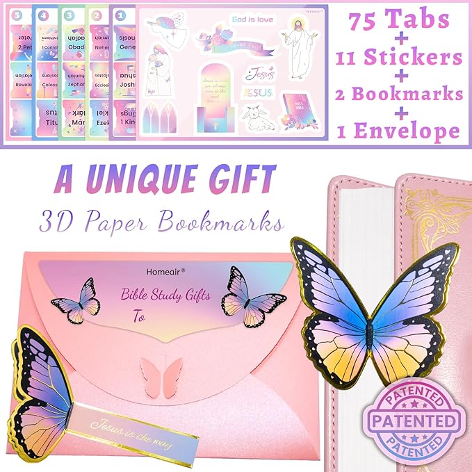 Bible Tabs & Butterfly Bookmark, Rainbow, Laminated, Large Print, Christian Gifts, Bible Study Supplies