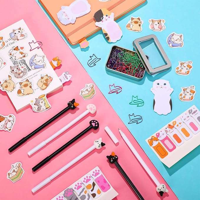 Outus Cat Office Supplies Cute Sticky Notes Paper Clips Gel Ink Pens Cartoon Stickers Party Favor for Cat Lovers Office Supplies(Funny Style)
