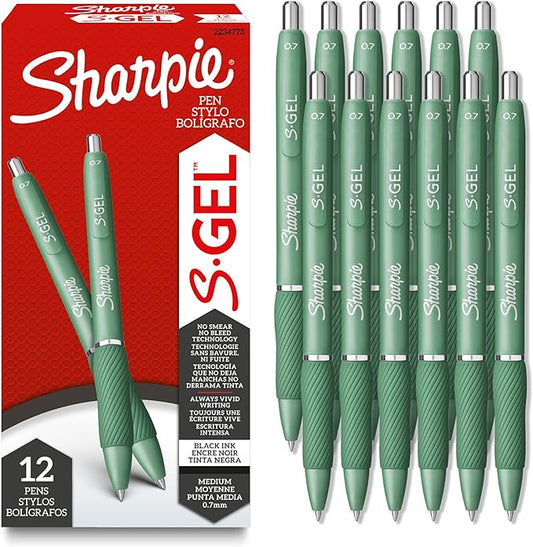 Sharpie S-Gel, Gel Pens, Medium Point (0.7mm), Forest Green Barrel, Black Ink, 12 Count