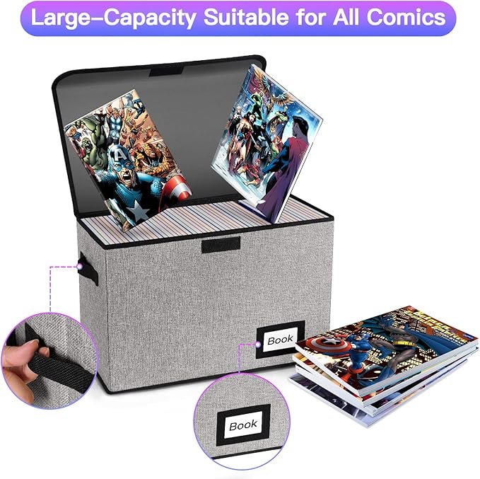 2 Pack Comic Book Storage Box, Protector Organizer, 15.8" X 7.8" X 11.8", Collapsible Short Box, Holds 160-180 Books, Heavy Duty Container Holder Shelf Bin (Grey)