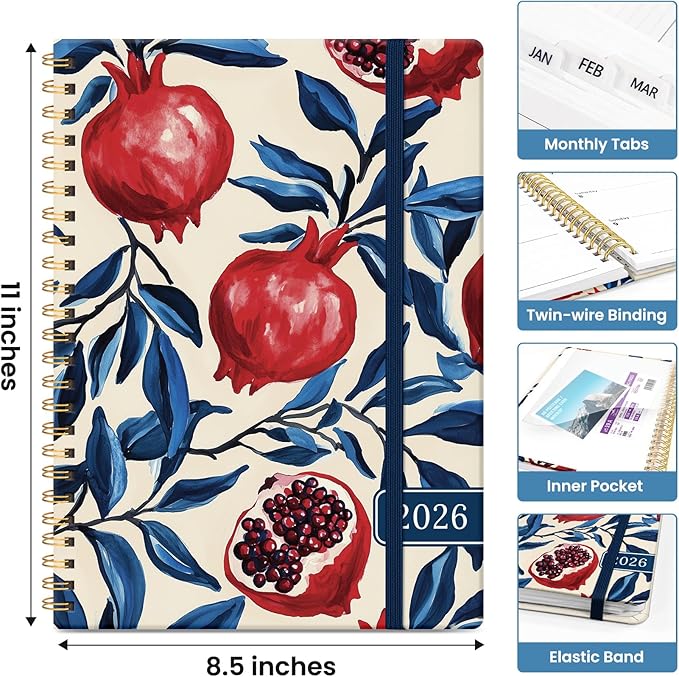 2026 Planner, Aesthetic Weekly and Monthly Planner for Women, Jan 2026 to Dec 2026, Hardcover 2026 Calendar Book with Monthly Tabs, Inner Pocket, Perfect for Office Home School - A4 (8.5" x 11"), Pomegranate