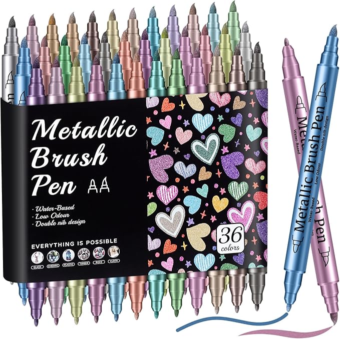 Prudiut 36 Pack Premium Metallic Markers Set, Dual Tip Paint Pens, Acrylic Paint Markers for Rock Painting & Crafts, Easter & Valentine's Day Gift for Adults & Artist