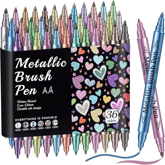 Prudiut 36 Pack Premium Metallic Markers Set, Dual Tip Paint Pens, Acrylic Paint Markers for Rock Painting & Crafts, Easter & Valentine's Day Gift for Adults & Artist
