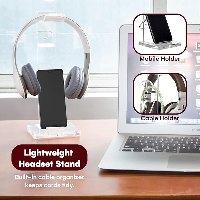 GeekDigg Headphone Stand Gaming Headset Holder For Desk Cable Organizer & Cellphone Stand for All Headphones Size headphone Holder Set for Gaming PC Accessories Gaming Station Transparent