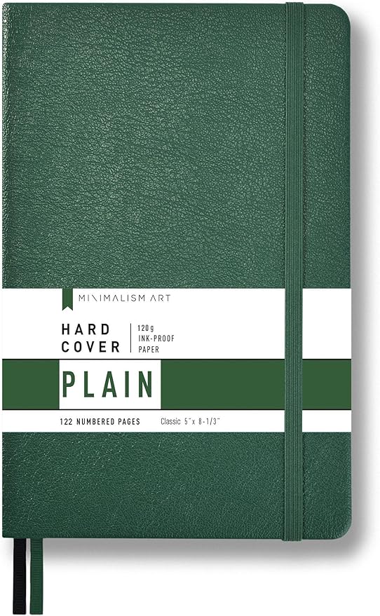 Minimalism Art, Premium Hard Cover Notebook Journal, Classic 5" x 8.3", 122 Numbered Pages, Gusseted Pocket, Ribbon Bookmark, Extra Thick Ink-Proof Paper 120gsm, San Francisco (Plain, Green)