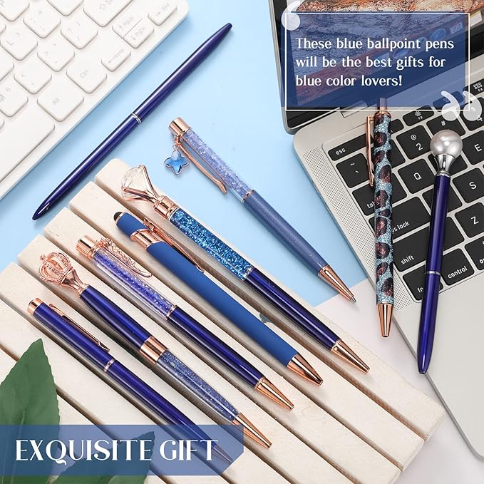 Janmini 9 Pcs Ballpoint Pens Set Metal Crystal Diamond Pen Glitter Pens for Journaling, Writing, Gifts, Women, Girls, Christmas, Birthday, Office Desk, Dark Blue
