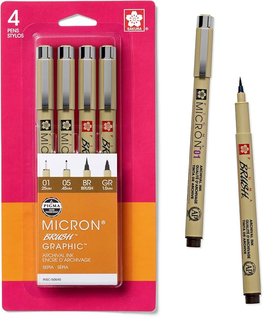 SAKURA 50040 4-Piece Pigma Drawing Brush Pen Set, Sepia