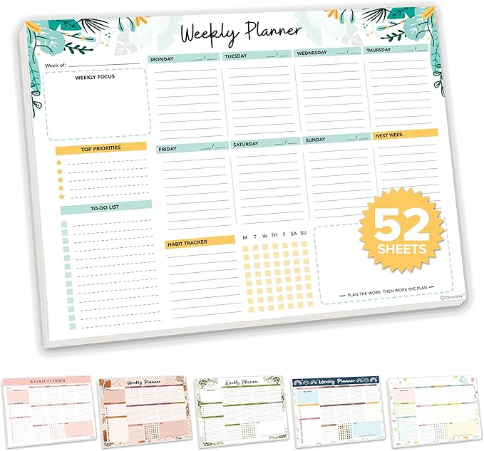 Decorably 52 Sheets Mint Green Undated Weekly Planner Notepad - 6.5x10in Spring-Bound Pad, for Focus, Priorities, to-Do List, Habit Tracker, Agenda, Notes - Home, School, Office