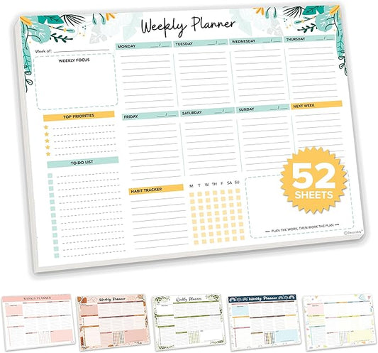 Decorably 52 Sheets Mint Green Undated Weekly Planner Notepad - 6.5x10in Spring-Bound Pad, for Focus, Priorities, to-Do List, Habit Tracker, Agenda, Notes - Home, School, Office