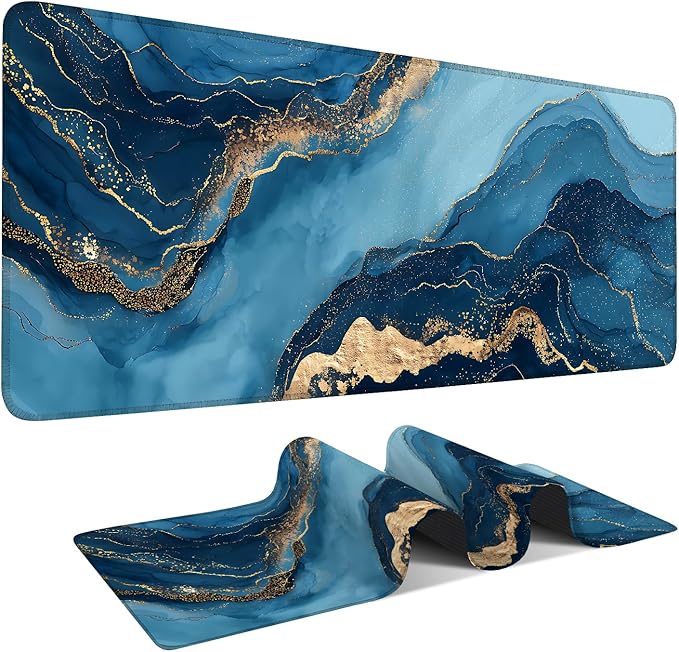 Blue Ocean Marble Extended Mouse Pad XL 31.5"x11.8" – Elegant Blue and Gold Desk Mat – Non-Slip Rubber Base, Stitched Edges