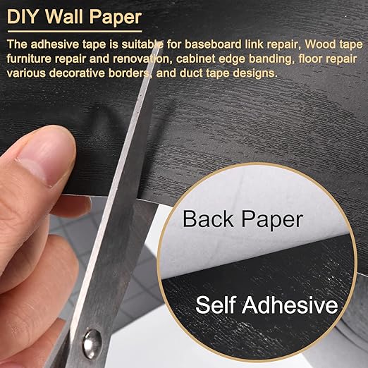 uxcell Wood Grain Tape, 5.91" x16 Ft Wall Paper Border Sticker Self-Adhesive Wood Grain Repair Patch with Scraper for Wall Corner Table Door Sofa Furniture Home Decor (Black)