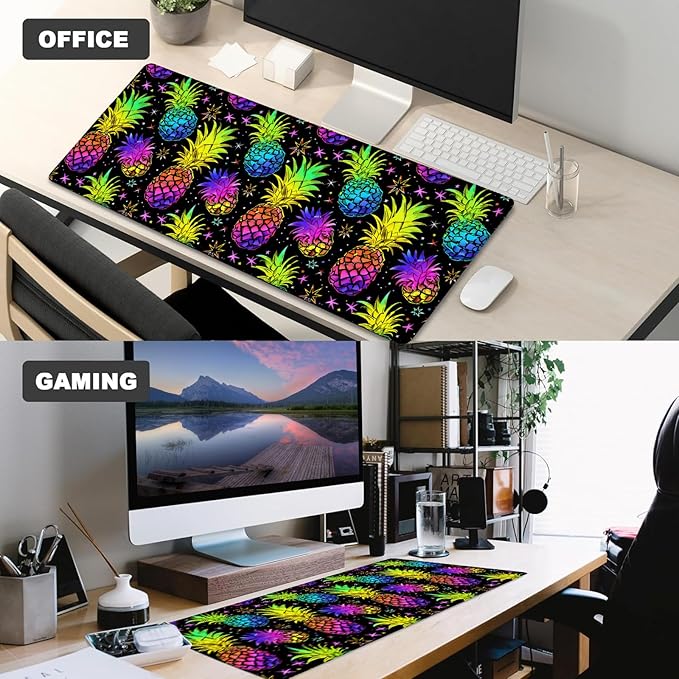 Rainbow Pineapple Gaming Mouse Pad – 12x31.5in Non-Slip Rubber Desk Mat with Vibrant Tropical Design – Large Extended Mousepad for Office Home – Deskmat Gifts for Summer Lovers Decor