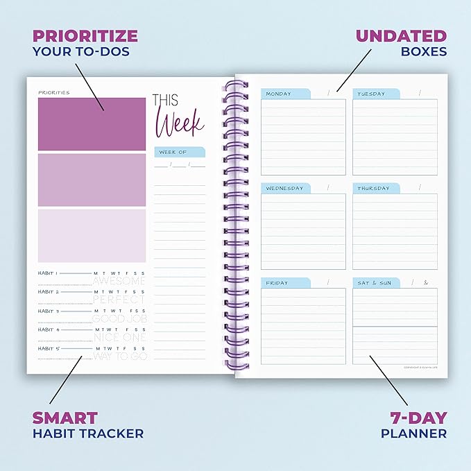 Weekly Planner Spiral Bound Notebook A5 - Undated Planner - To Do List Notebook - Habit Tracker - 52 Weeks - Daily Planner Undated for Home Work Office Business - Cute Goal Planner (Purple)
