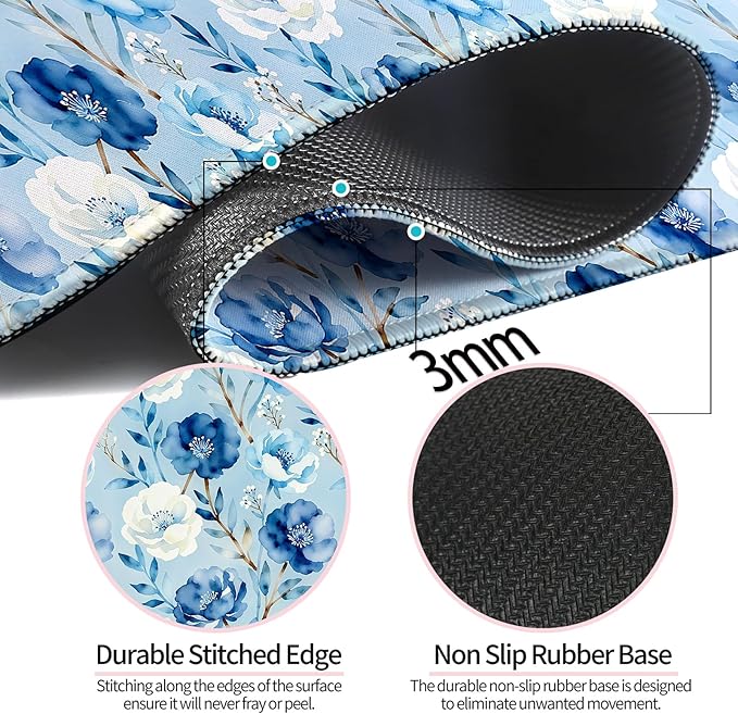 Watercolor Blue Floral XL Large Desk Mat, Extended Long Pretty Flowers Aesthetics Desk Pad for Gaming and Office, Non-Slip Rubber Base, Comfortable Surface Mouse Pad, 31.5x11.8 in (H10)