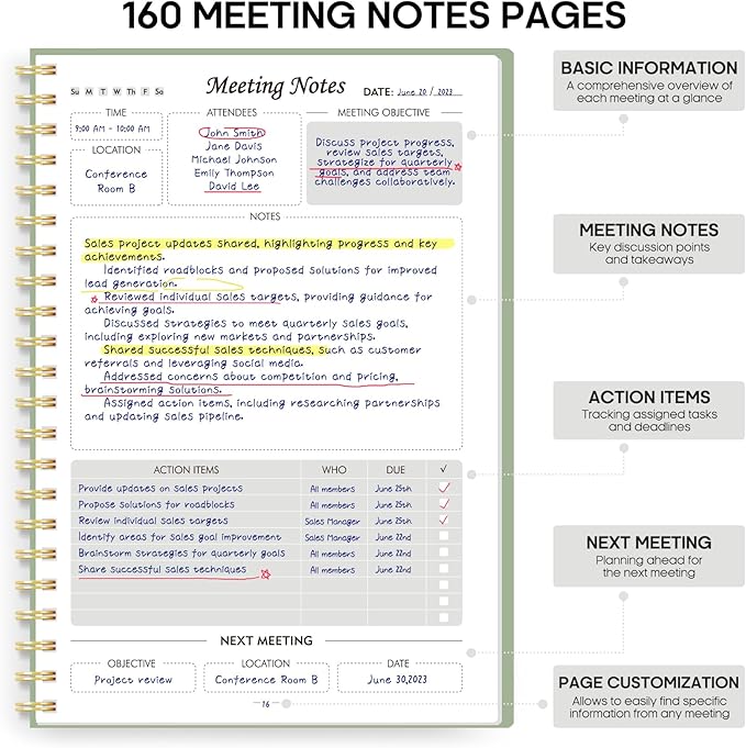 Meeting Notebook for Work Organization - Work Planner Notebook with Action Items, Agenda Planner for Note Taking, 160 Pages (6.9" X 9.9") Project Organizer for Men & Women - Green